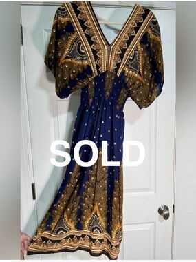 Boho Kaftan Maxi Dress Blue Gold Peacock Print Flowy Resort Vacation M/L